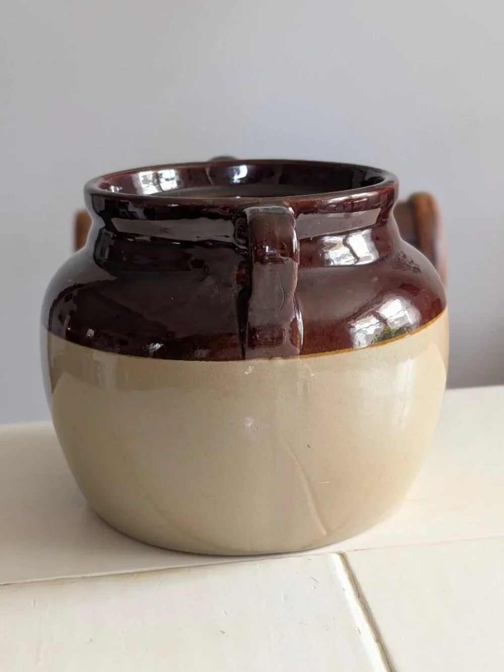 VTG Flour Monmouth USA Stoneware Crock Brown Dipped Bean Pot Jar Maple Leaf